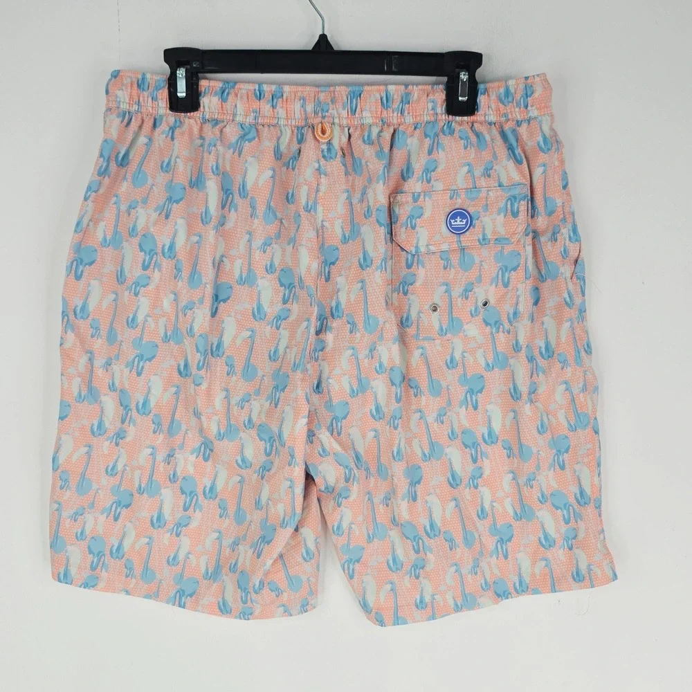 Peter Millar Mens Flamingo Print Swim Trunks Peach Blue Board Shorts Large